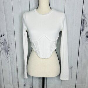 The Vintage Shop Women's Sz M White Long Sleeve Knit Corset Ribbed T-Shirt